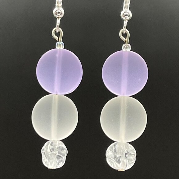 Artisan Jewelry - Sea Glass Drop Earrings Purple and White | Handmade